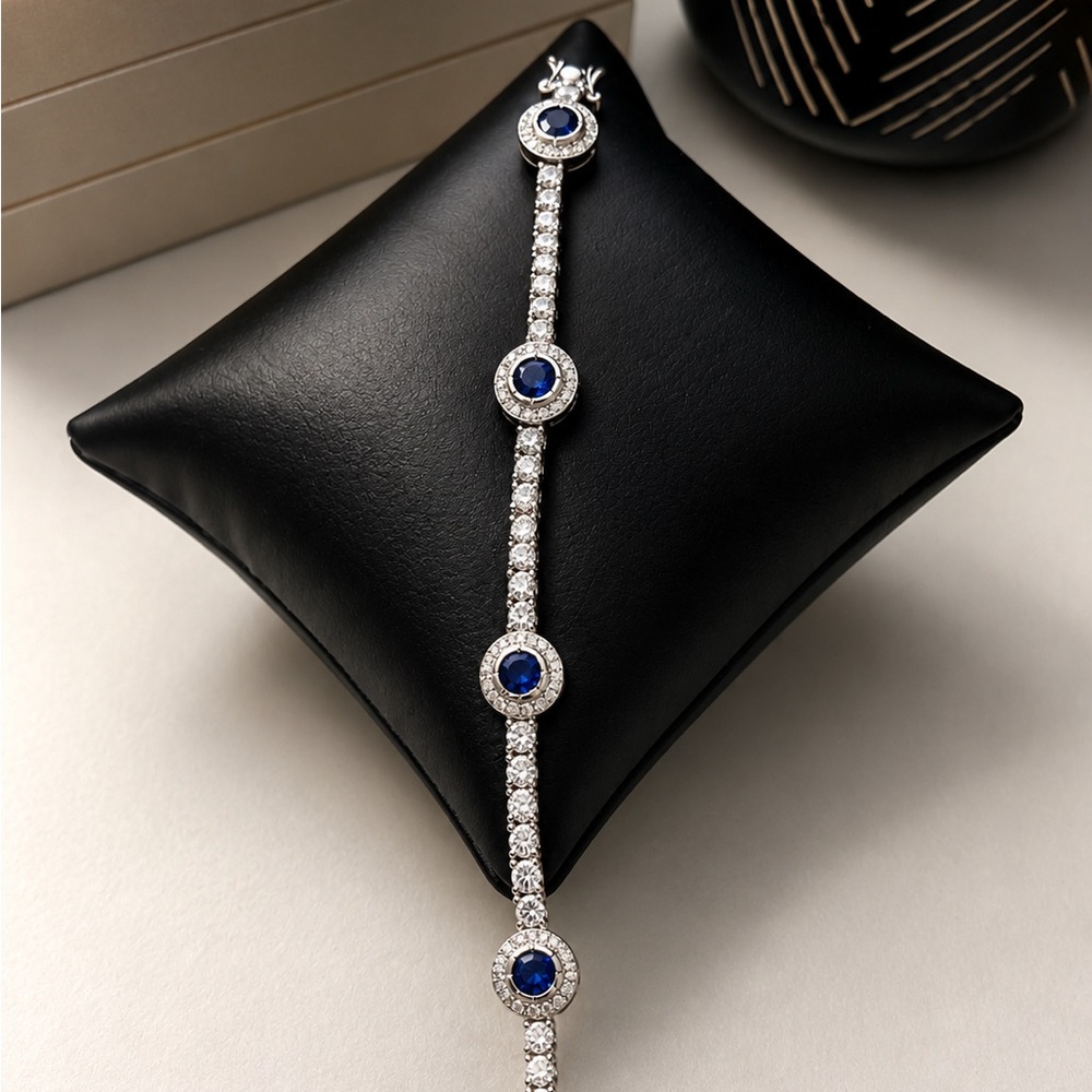 925 Sterling Silver Blue Sapphire wnd Cubic Zirconia Tennis Bracelet Size 7”